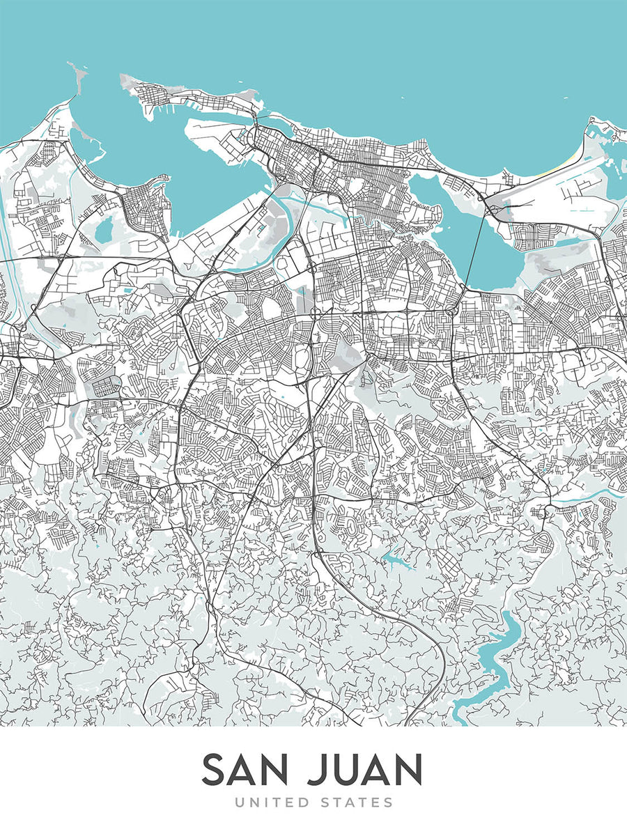 Moderne Stadtkarte von San Juan, Puerto Rico: Condado, Altstadt, El Yunque, Castillo San Felipe, Castillo San Cristóbal 