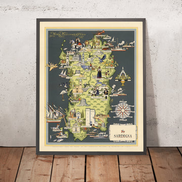 Alter Piktorialer Stadtplan von Sardinien von De Agostini, 1938: Cagliari, Sassari, Nuoro, Oristano, Olbia 