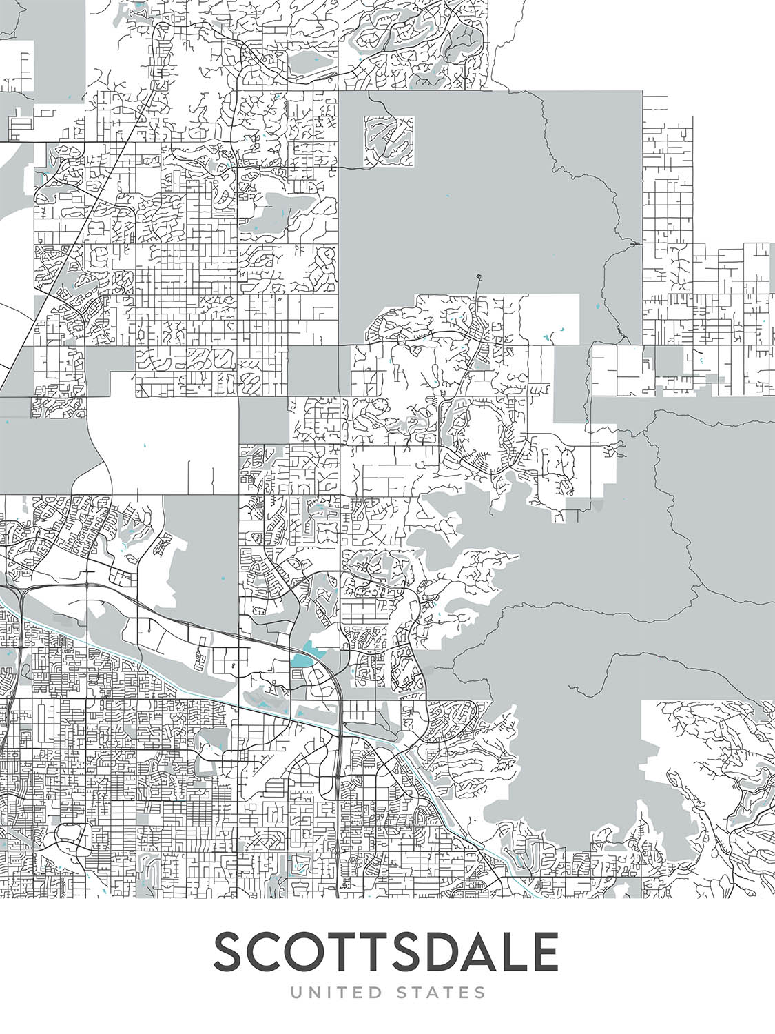 Mapa moderno de la ciudad de Scottsdale, AZ: centro, casco antiguo, estadio de Scottsdale, Scottsdale Fashion Square, Loop 101