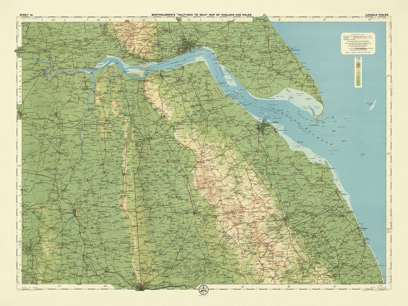 Antiguo mapa del sistema operativo de Lincoln Wolds, Lincolnshire por Bartholomew, 1901: Grimsby, Scunthorpe, Humber, Wolds, Fens