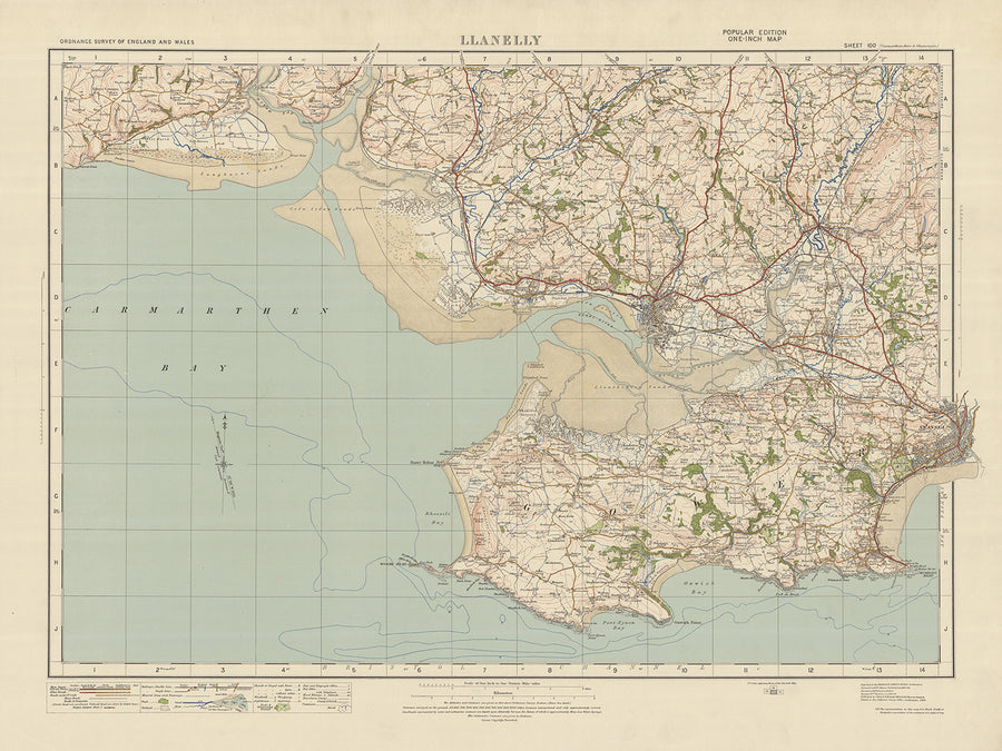 Mapa de estudio de artillería antigua, hoja 100 - Llanelly, 1925: Swansea, Mumbles, Burry Port, Kidwelly, Gower AONB