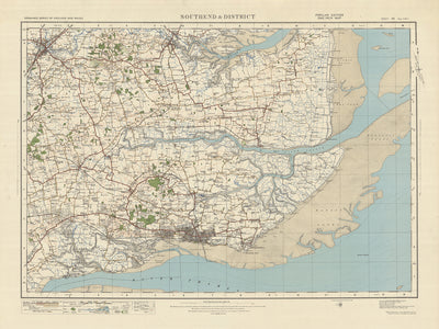 Carte Old Ordnance Survey, feuille 108 - Southend & District, 1925 : Chelmsford, Maldon, Basildon, Rayleigh, réserve naturelle nationale de Dengie