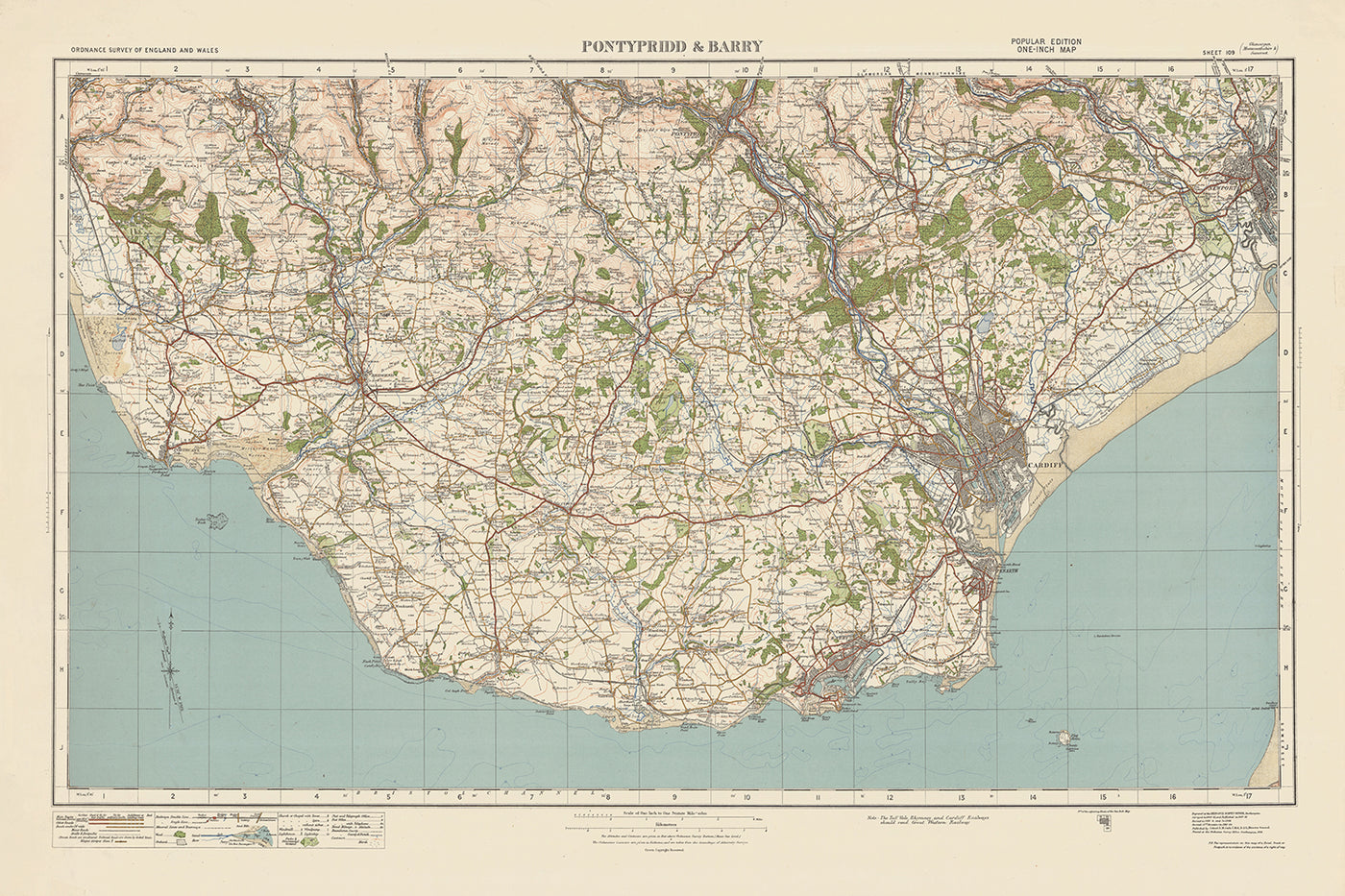 Mapa de Old Ordnance Survey, hoja 109 - Pontypridd & Barry, 1925: Cardiff, Bridgend, Porthcawl, Newport y Caerphilly
