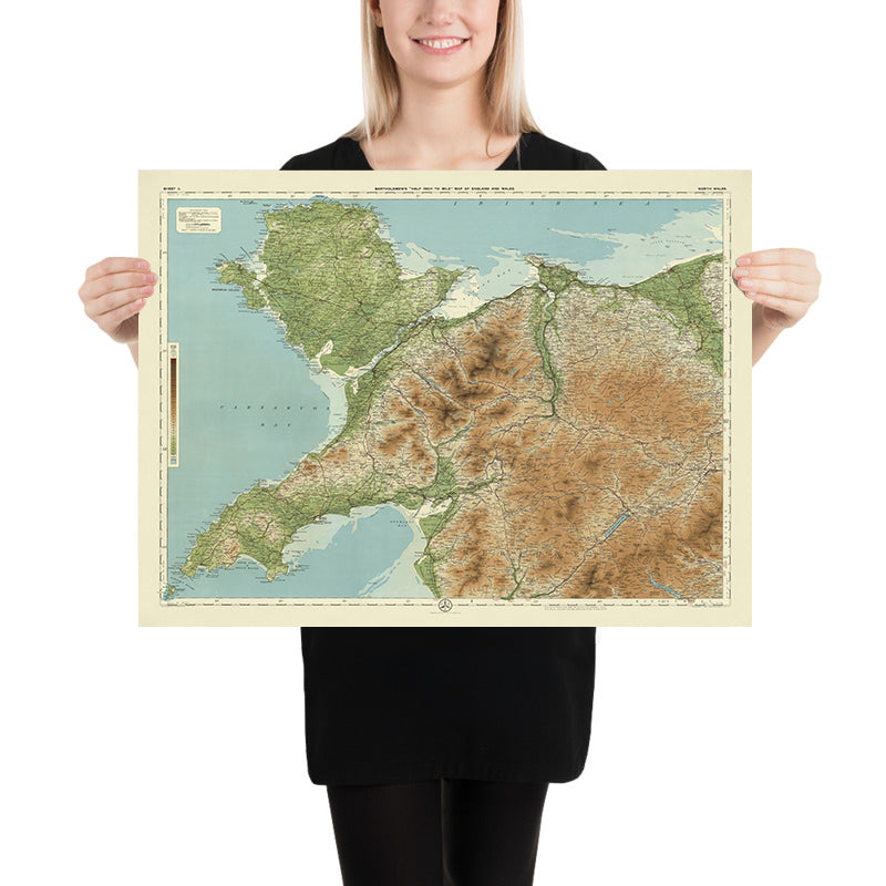 Antigua mapa OS de Gales del Norte por Bartholomew, 1901: Snowdon, Caernarfon, Llandudno, Estrecho de Menai, Conwy, Anglesey 