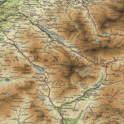 Ancienne carte OS du nord du Pays de Galles par Bartholomew, 1901 : Snowdon, Caernarfon, Llandudno, Menai Strait, Conwy, Bala Lake