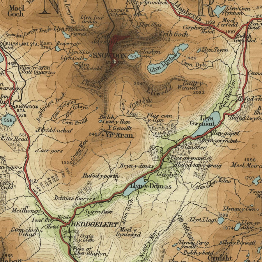 Antigua mapa OS de Gales del Norte por Bartholomew, 1901: Snowdon, Caernarfon, Llandudno, Estrecho de Menai, Conwy, Anglesey 