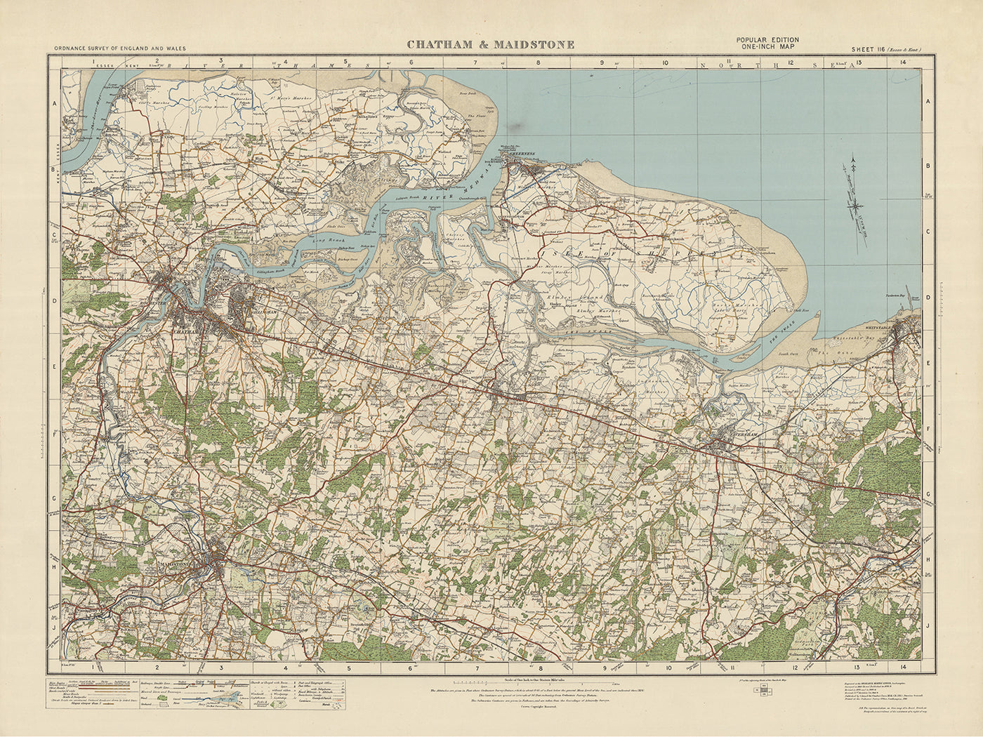 Carte Old Ordnance Survey, feuille 116 - Chatham & Maidstone, 1925 : Sheerness, Whitstable, Faversham, Rochester, île de Sheppey