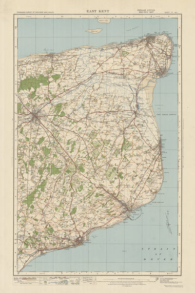 Old Ordnance Survey Map, Blatt 117 – East Kent, 1925: Canterbury, Dover, Folkestone, Broadstairs, Kent Downs AONB
