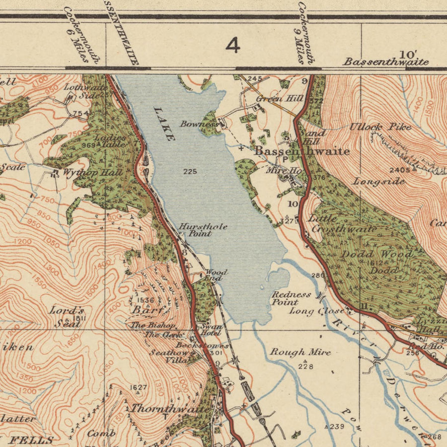 Mapa antiguo de Ordnance Survey, Hoja 12 - Keswick & Ambleside, 1925: Buttermere, Lago Windermere, Derwent Water, Ullswater, Distrito de los Lagos