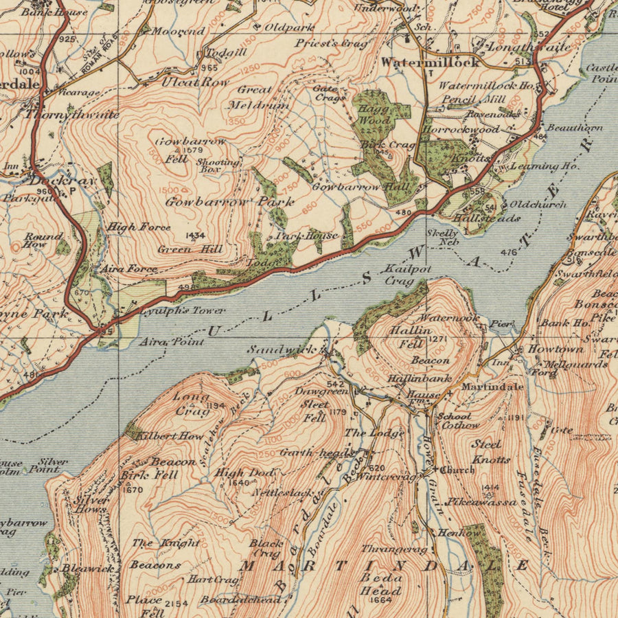 Mapa antiguo de Ordnance Survey, Hoja 12 - Keswick & Ambleside, 1925: Buttermere, Lago Windermere, Derwent Water, Ullswater, Distrito de los Lagos