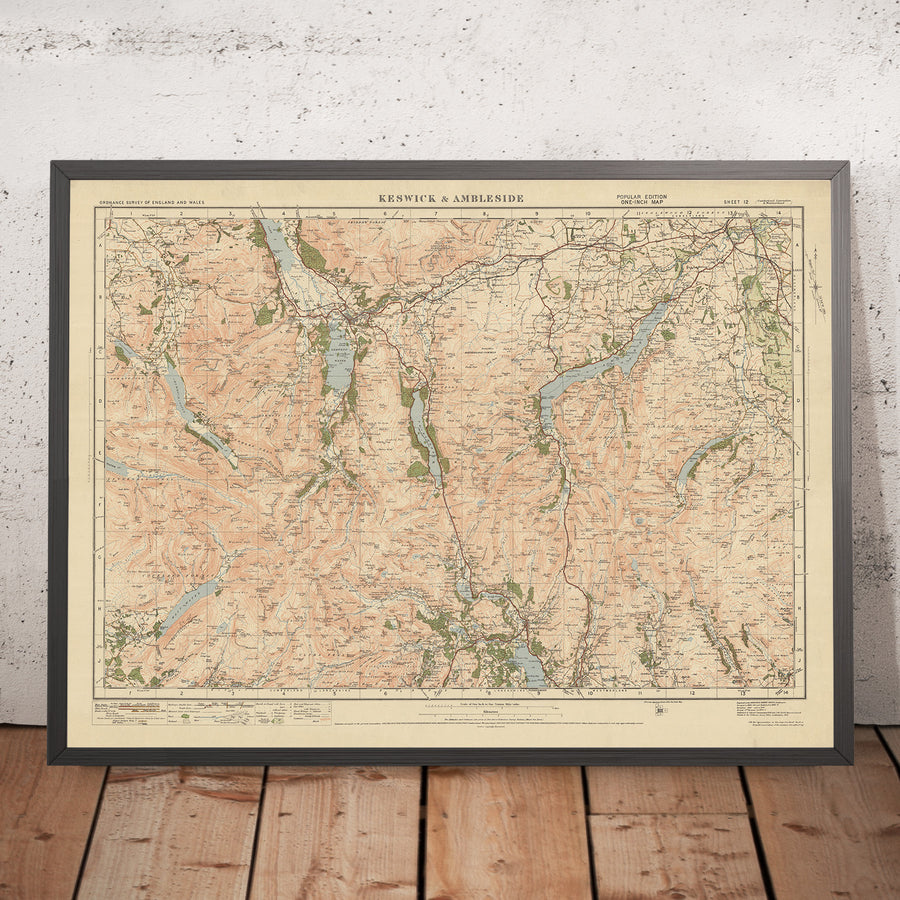 Mapa antiguo de Ordnance Survey, Hoja 12 - Keswick & Ambleside, 1925: Buttermere, Lago Windermere, Derwent Water, Ullswater, Distrito de los Lagos