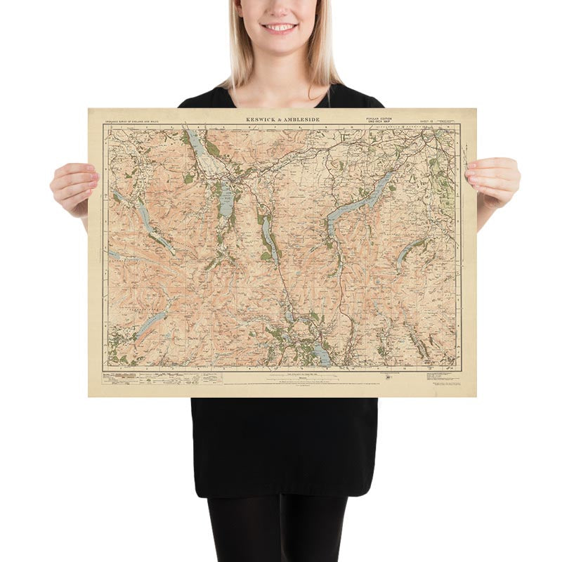Mapa antiguo de Ordnance Survey, Hoja 12 - Keswick & Ambleside, 1925: Buttermere, Lago Windermere, Derwent Water, Ullswater, Distrito de los Lagos