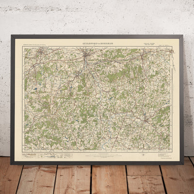 Mapa de Old Ordnance Survey, hoja 124 - Guildford & Horsham, 1925: Aldershot, Farnham, Reigate, Godalming, Surrey Hills AONB