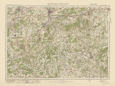 Carte Old Ordnance Survey, feuille 124 - Guildford & Horsham, 1925 : Aldershot, Farnham, Reigate, Godalming, Surrey Hills AONB