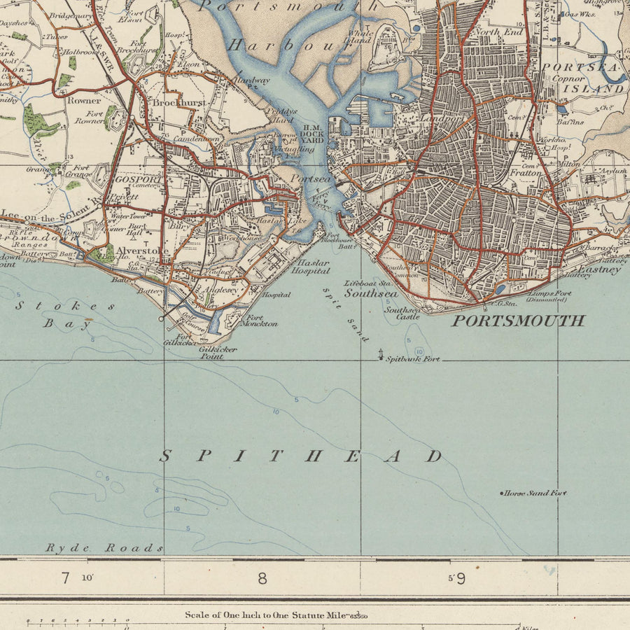 Mapa de Old Ordnance Survey, hoja 132 - Portsmouth y Southampton, 1925: Eastleigh, Fareham, Havant, Hayling Island, Chichester Harbor AONB