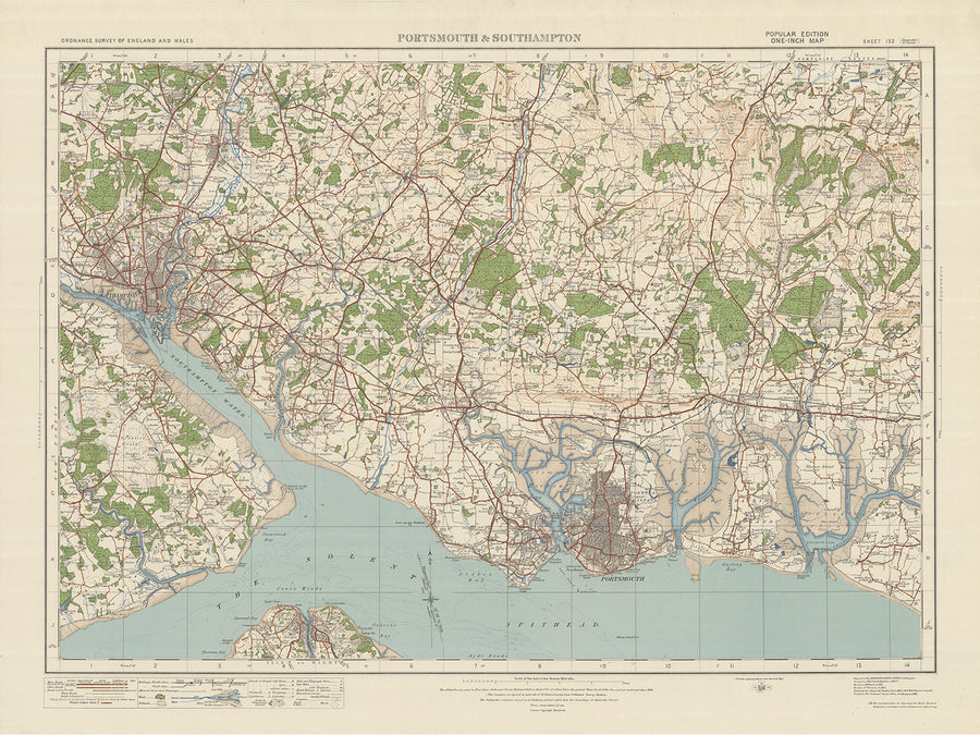 Mapa de Old Ordnance Survey, hoja 132 - Portsmouth y Southampton, 1925: Eastleigh, Fareham, Havant, Hayling Island, Chichester Harbor AONB