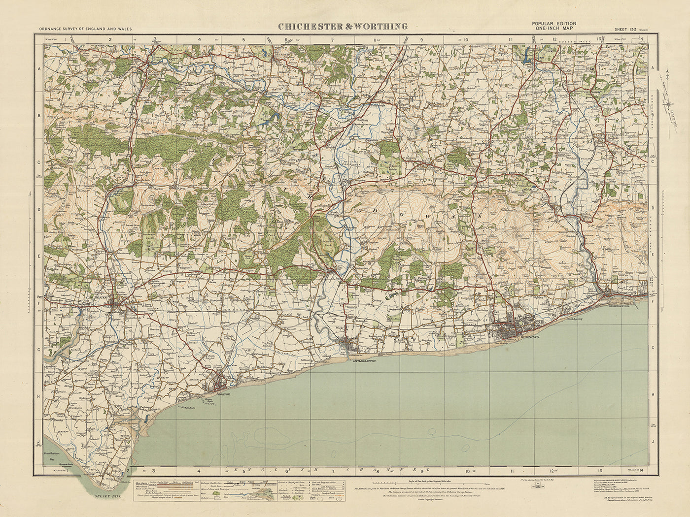 Mapa de estudio de artillería antigua, hoja 133 - Chichester & Worthing, 1925: Bognor Regis, Littlehampton, Selsey, Worthing, Midhurst