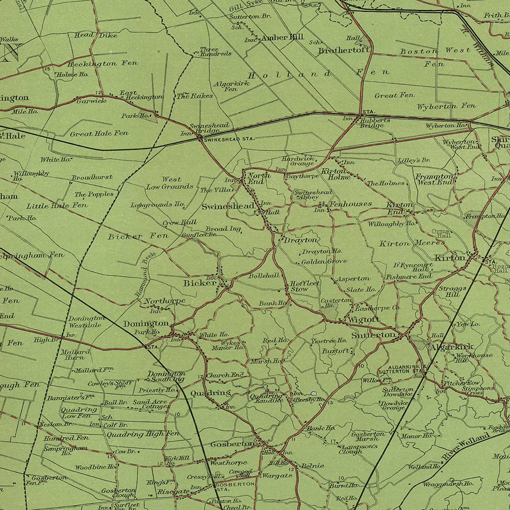 Old OS Map of Lincoln Fens, Lincolnshire by Bartholomew, 1901: Boston, Spalding, River Witham, The Wash, Fens, Car Dyke