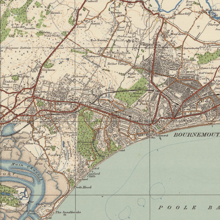 Mapa antiguo del Ordnance Survey, Hoja 141 - Bournemouth & Swanage, 1919-1926: Poole, Christchurch, Wareham, Poole Harbour, Isla de Purbeck, Corfe Castle