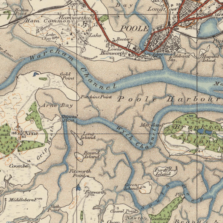 Mapa antiguo del Ordnance Survey, Hoja 141 - Bournemouth & Swanage, 1919-1926: Poole, Christchurch, Wareham, Poole Harbour, Isla de Purbeck, Corfe Castle