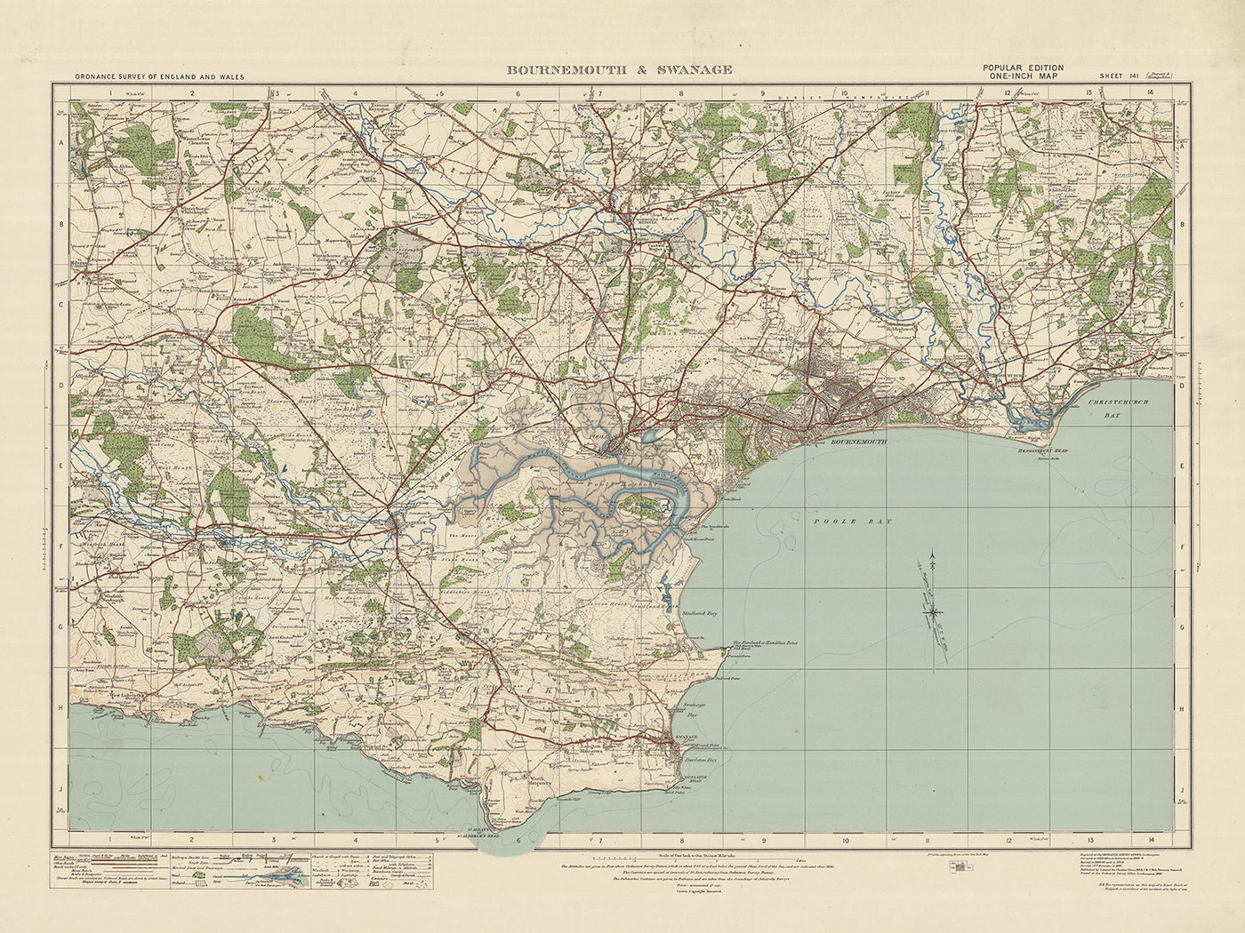 Mapa antiguo del Ordnance Survey, Hoja 141 - Bournemouth & Swanage, 1919-1926: Poole, Christchurch, Wareham, Poole Harbour, Isla de Purbeck, Corfe Castle