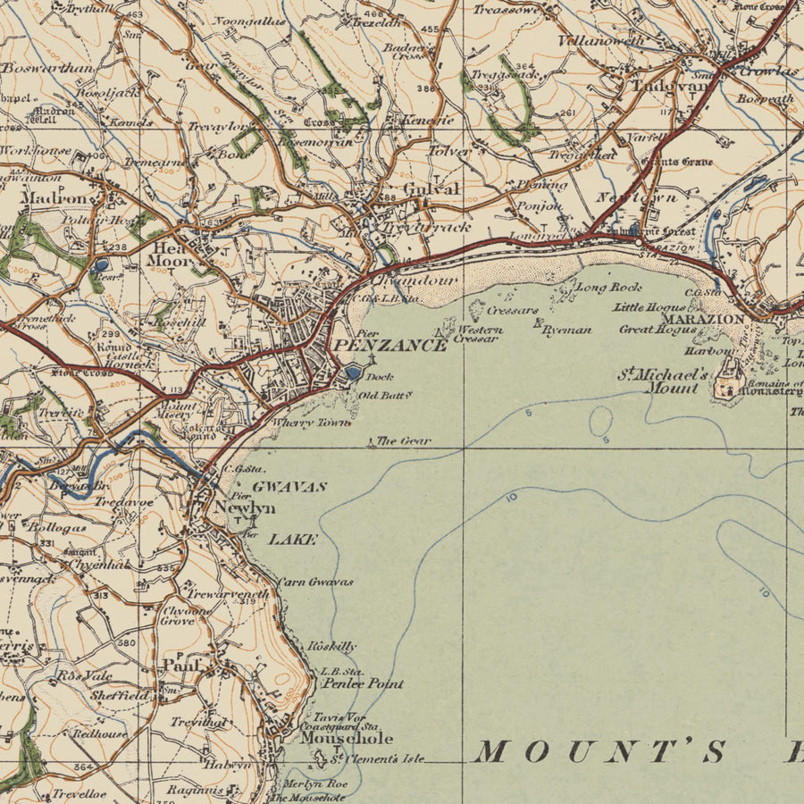 Mapa antiguo de Ordnance Survey - Hoja 146 Lands End & Lizard, 1919-1926: Truro, Falmouth, St Ives, Penzance, Helston, St Michael&