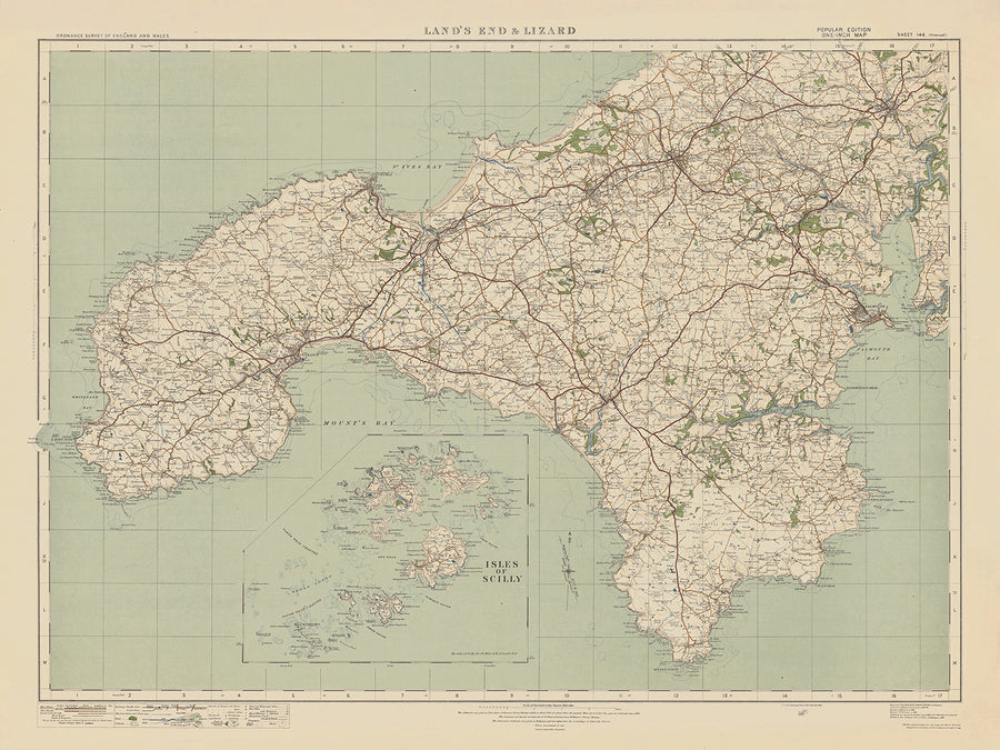 Mapa antiguo de Ordnance Survey - Hoja 146 Lands End & Lizard, 1919-1926: Truro, Falmouth, St Ives, Penzance, Helston, St Michael&