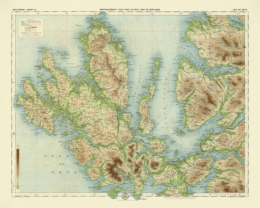 Antiguo mapa OS de la Isla de Skye por Bartholomew, 1901: Portree, Cuillin Hills, Loch Snizort, Dunvegan Castle, Raasay, The Storr