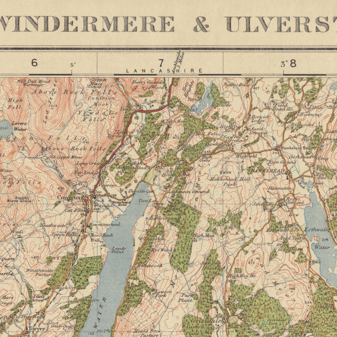 Mapa antiguo de Ordnance Survey, hoja 19 - Windermere y Ulverston, 1925: Dalton-in-Furness, Millom, Grange-over-Sands, Kendal y Parque Nacional del Distrito de los Lagos.