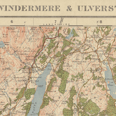 Mapa antiguo de Ordnance Survey, hoja 19 - Windermere y Ulverston, 1925: Dalton-in-Furness, Millom, Grange-over-Sands, Kendal y Parque Nacional del Distrito de los Lagos.