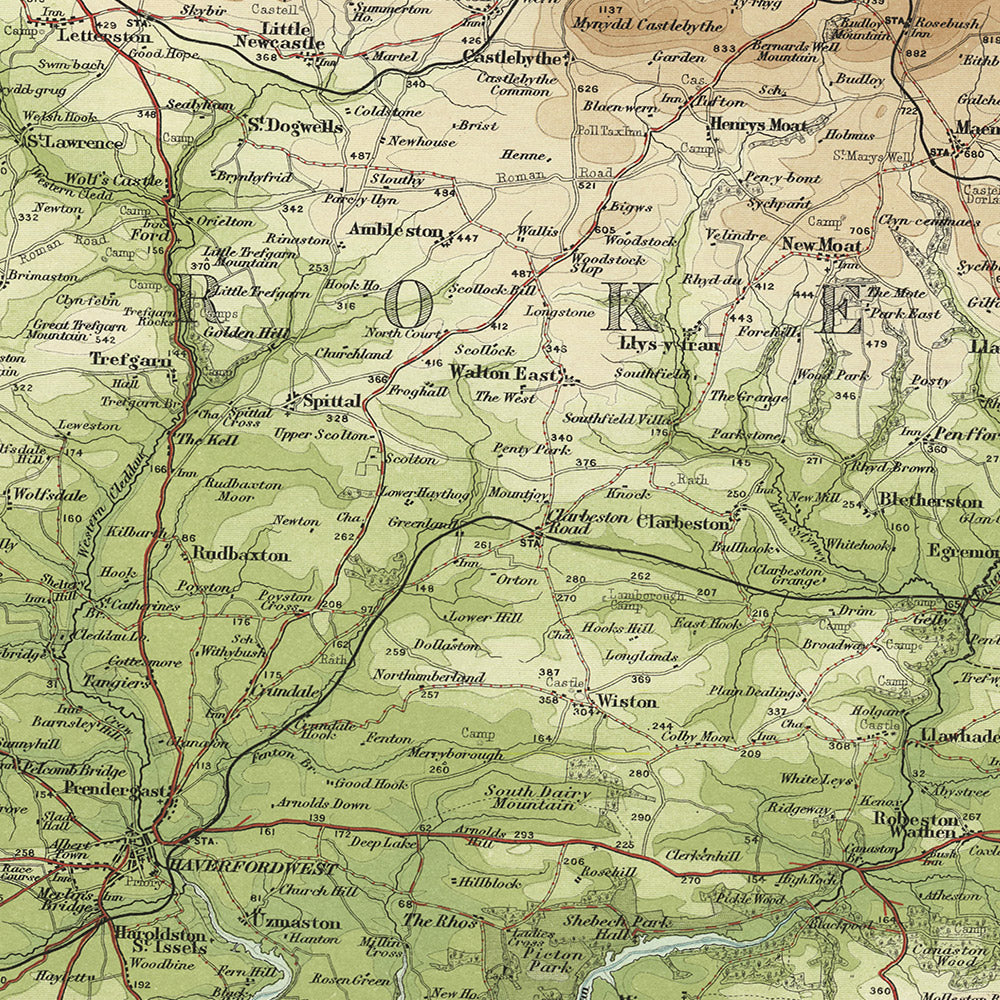 Old OS Map of Pembrokeshire by Bartholomew, 1901: Haverfordwest, Tenby, Preseli Hills, St Brides Bay, Castles, Carmarthen