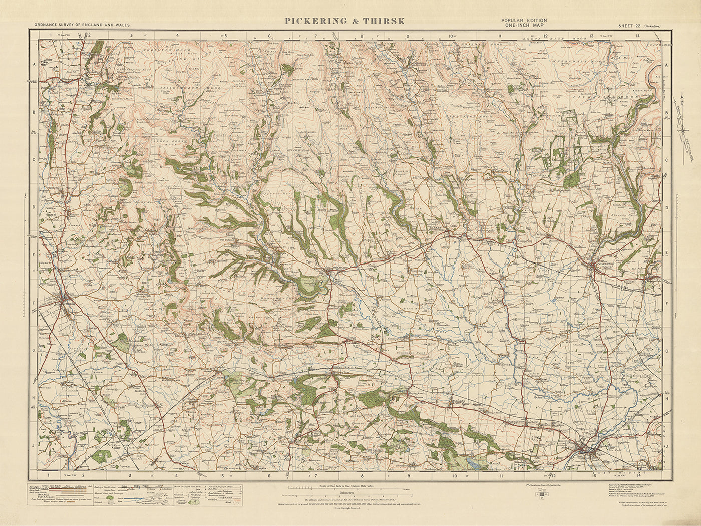 Alte Ordnance Survey Karte, Blatt 22 - Pickering & Thirsk, 1925: Malton, Helmsley, Kirkbymoorside, Howardian Hills AONB, North York Moors National Park