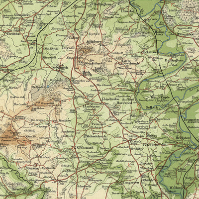 Ancienne carte OS de Hereford, Herefordshire par Bartholomew, 1901 : Hereford, rivière Wye, Montagnes Noires, forêt de Dean, collines de Malvern, digue d'Offa