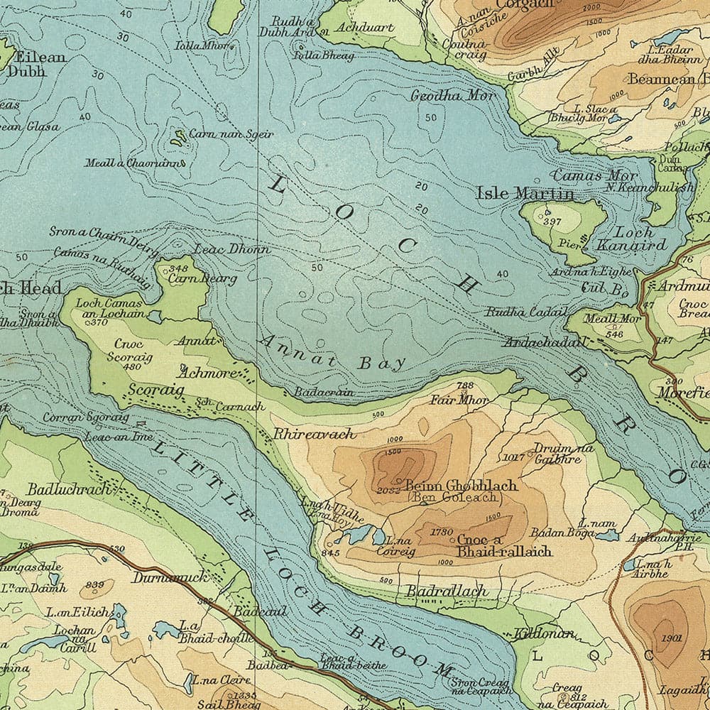 Antiguo mapa OS de Gair Loch y Loch Inver, Tierras Altas de Escocia por Bartholomew, 1901: Ullapool, Loch Maree, Suilven, An Teallach, Castillo de Ardvreck, River Ewe