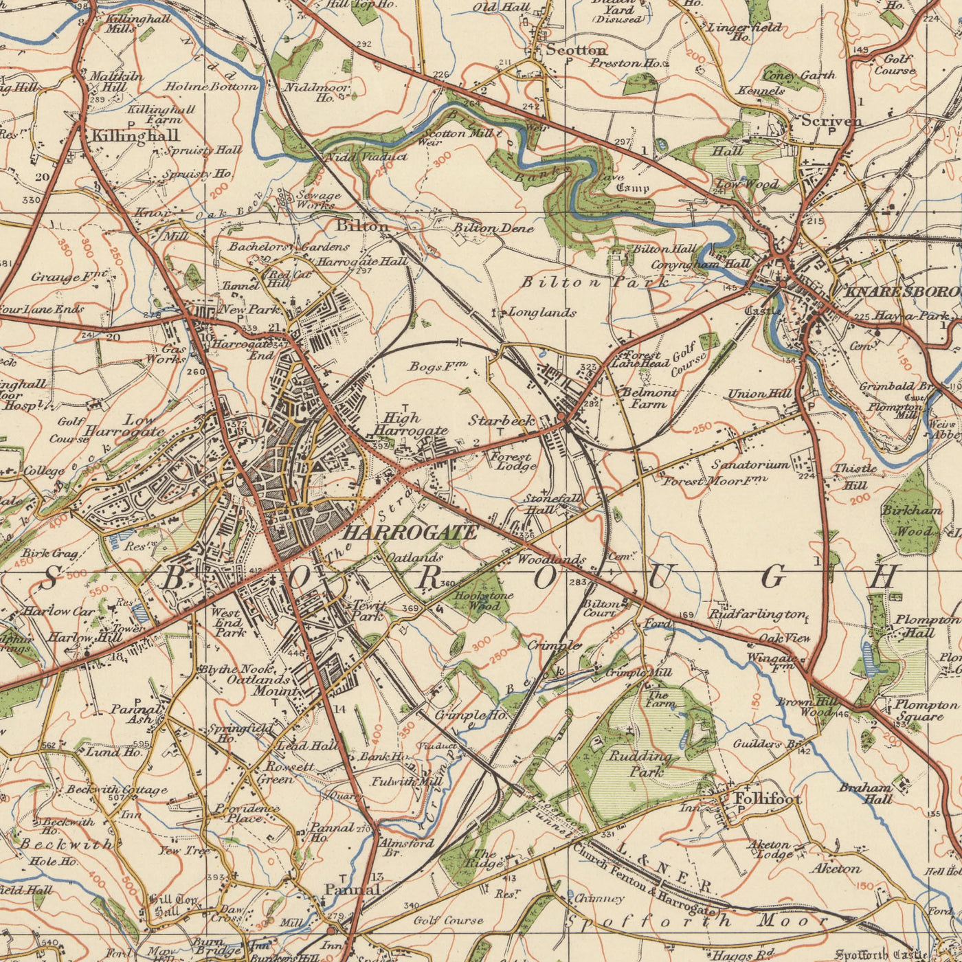 Mapa antiguo de Ordnance Survey, hoja 26 - Harrogate, 1925: Otley, Ilkley, Skipton, Knaresborough, Nidderdale AONB