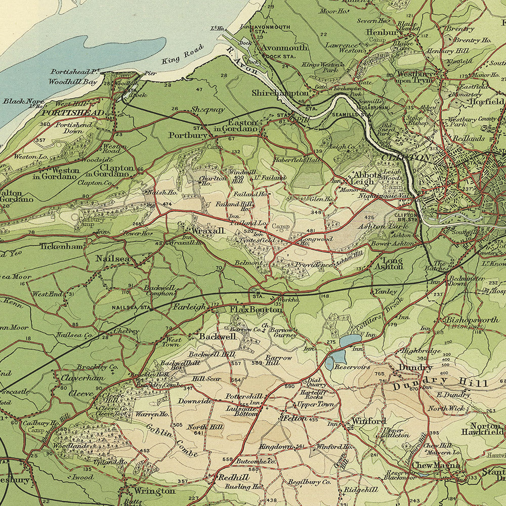 Antiguo mapa OS de Bath y Bristol, Somerset por Bartholomew, 1901: Bristol, Bath, Clifton Bridge, Mendip Hills, Wells Cathedral, Cheddar Gorge