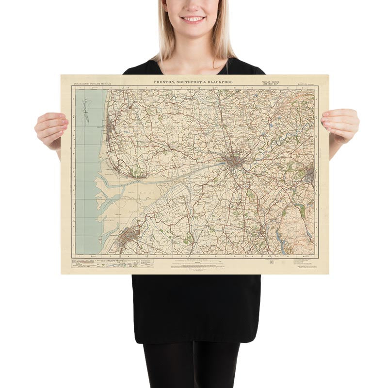 Mapa antiguo de Ordnance Survey, hoja 29 - "Preston, Southport & Blackpool", 1925: Blackburn, Chorley, Kirkham, Lytham St Annes y estuarios del Ribble y del Alt.