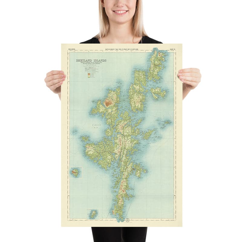 Ancienne carte OS des îles Shetland par Bartholomew, 1901 : Lerwick, Ronas Hill, Sullom Voe, Jarlshof, Fair Isle, Foula