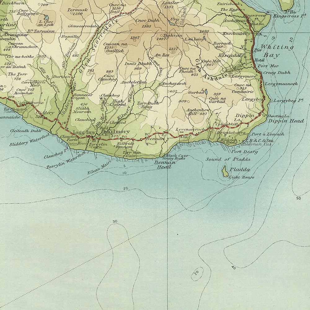 Ancienne carte OS d'Arran, Lower Clyde par Bartholomew, 1901 : Brodick, Goat Fell, River Clyde, Largs, châteaux, ferries