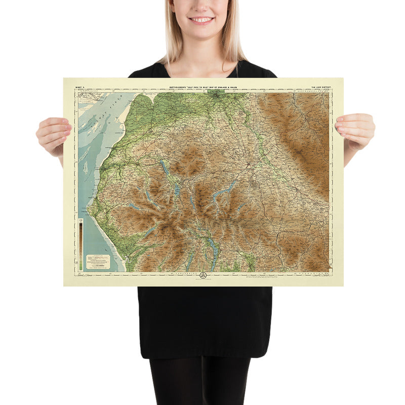 Antiguo mapa OS del Distrito de los Lagos por Bartholomew, 1901: Windermere, Scafell Pike, Lancaster, Carlisle, Ullswater, Kendal