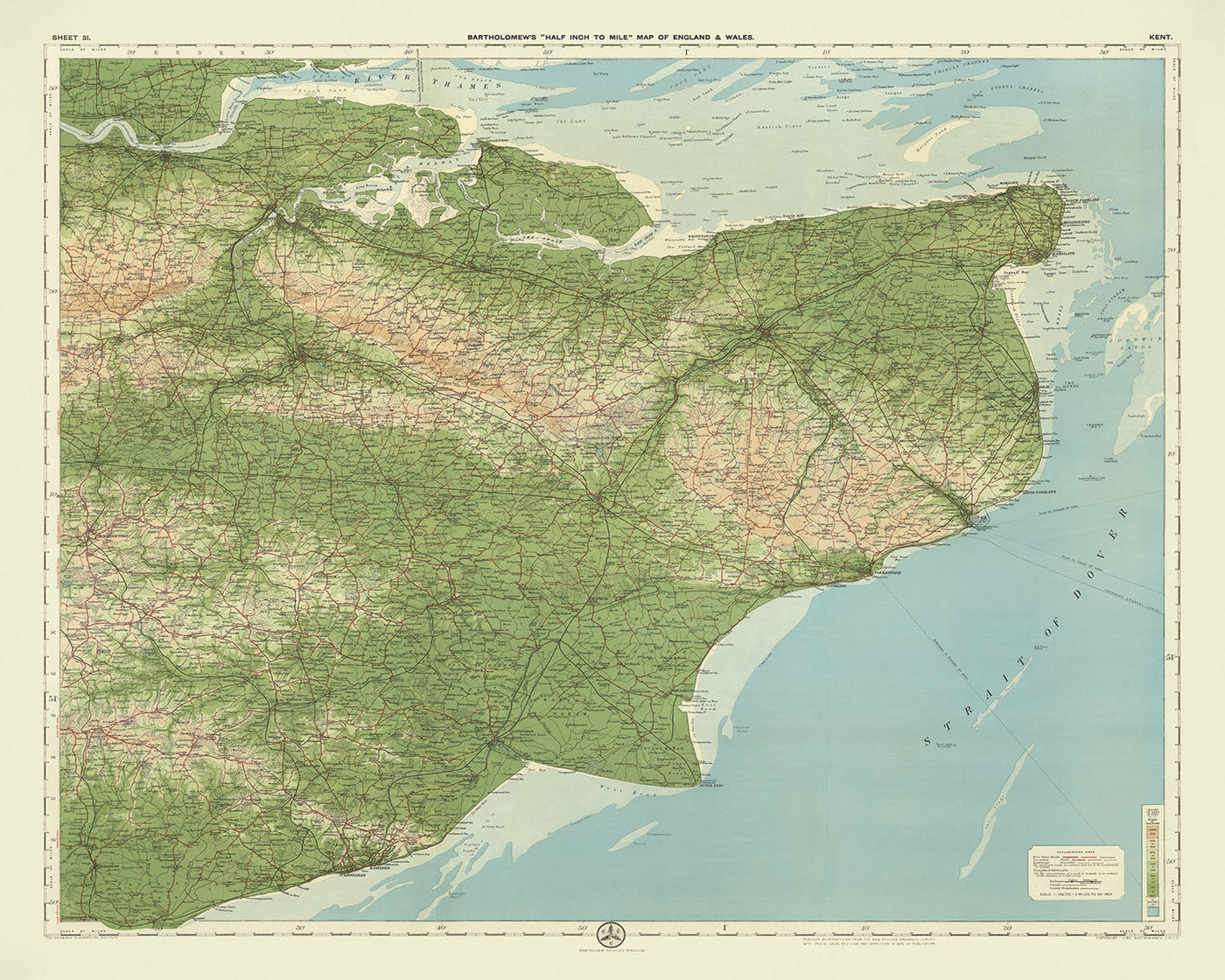 Antiguo mapa OS de Kent, Inglaterra por Bartolomé, 1901: Estuario del Támesis, Dover, Canterbury, North Downs, Weald, Isla de Sheppey