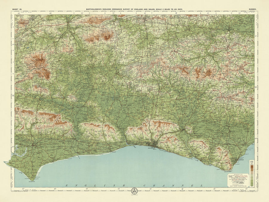 Antigua mapa OS de Sussex por Bartholomew, 1901: Brighton, Hastings, South Downs, Castillo de Arundel, Beachy Head 
