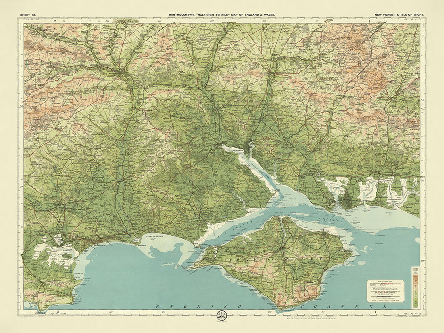 Antigua mapa OS del New Forest y la Isla de Wight, Hampshire por Bartholomew, 1901: Southampton, Bournemouth, Puerto de Poole, Castillo de Carisbrooke, Rocas de Needles 