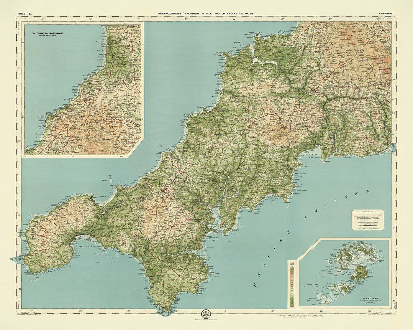 Alte OS-Karte von Cornwall von Bartholomew, 1901: St. Austell, Bodmin Moor, Tintagel Castle, Land's End, St. Michael's Mount, Scilly-Inseln