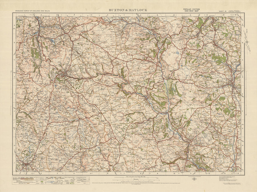 Old Ordnance Survey Map, Sheet 45 - Buxton & Matlock, 1925: Leek, Chesterfield, Bakewell, Chapel-en-le-Frith, and Peak District National Park