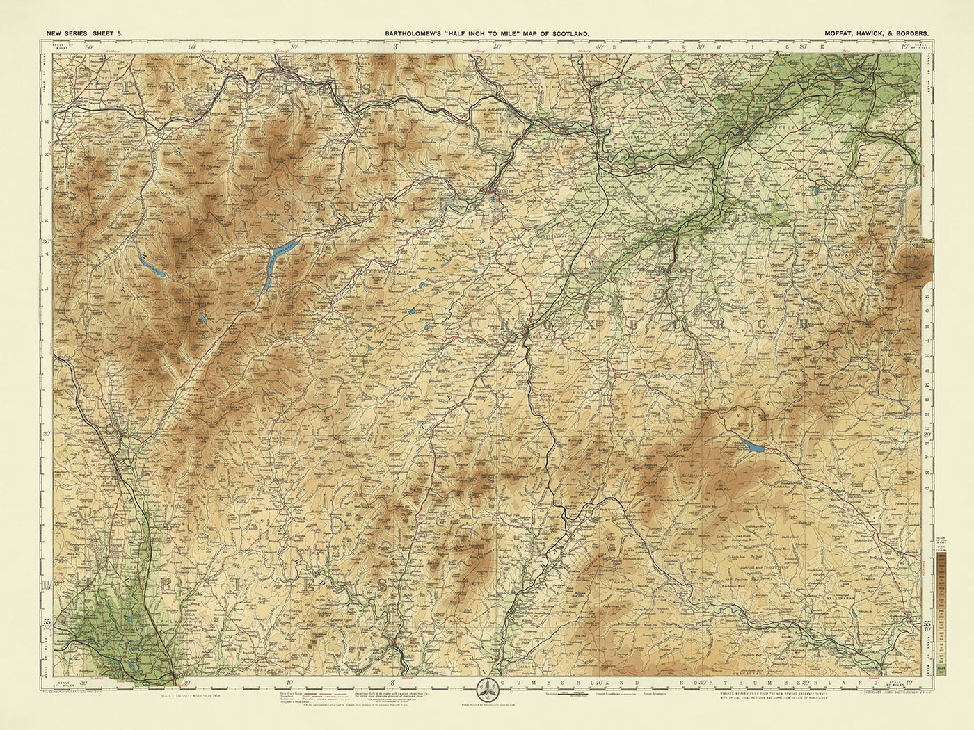 Antiguo mapa OS de Moffat, Dumfriesshire por Bartholomew, 1901: Dumfries, Hawick, río Clyde, Tweed, colinas, castillo
