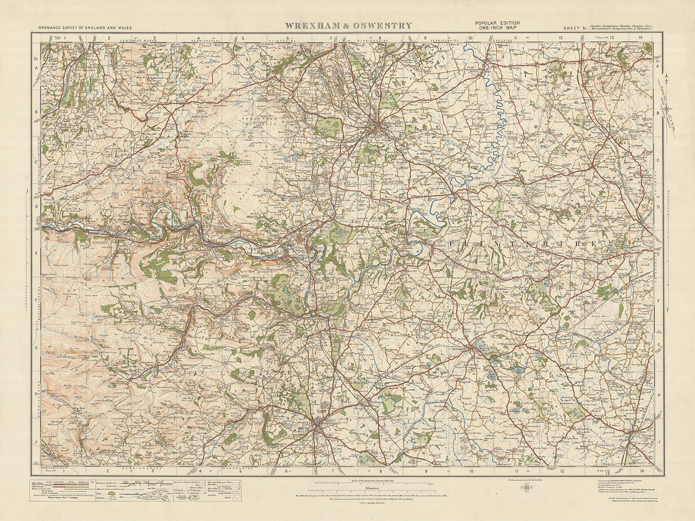 Old Ordnance Survey Map, Sheet 51 - Wrexham & Oswestry, 1925: LLangolen, Wem, Ellesmere, Malpas