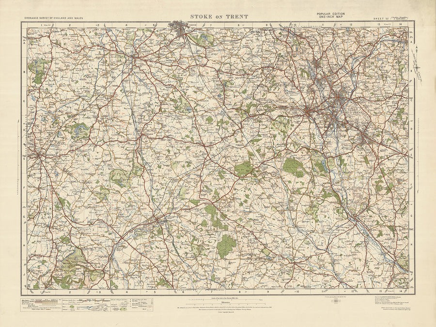 Mapa de Old Ordnance Survey, hoja 52 - Stoke on Trent, 1925: Newcastle-under-Lyme, Crewe, Nantwich, Whitchurch, Market Drayton