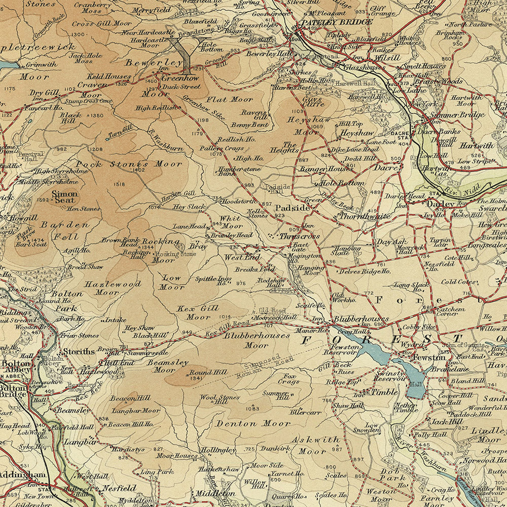 Ancienne carte OS de Harrogate, Yorkshire du Nord par Bartholomew, 1901 : Harrogate, Ripon, River Wharfe, château de Skipton, abbaye de Fountains, prieuré de Bolton