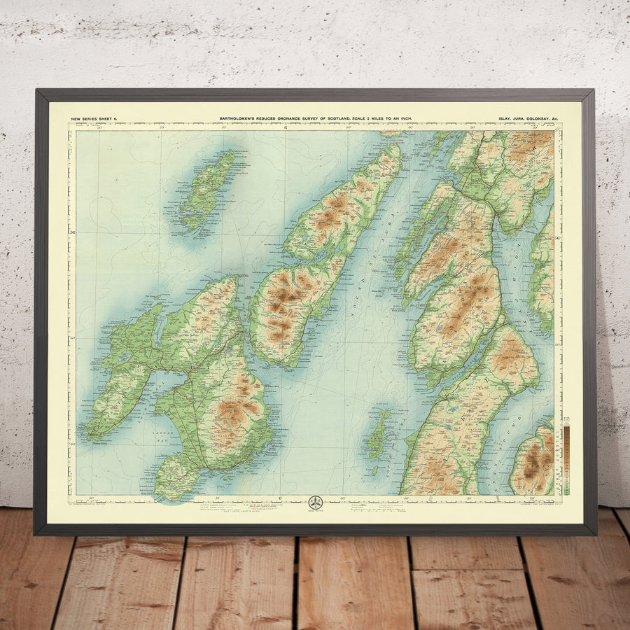 Antigua mapa OS de Islay, Jura y Colonsay por Bartholomew, 1901: Bowmore, Paps de Jura, Argyll, Sonido de Islay, Loch Indaal, Gruinart y Finlaggan 